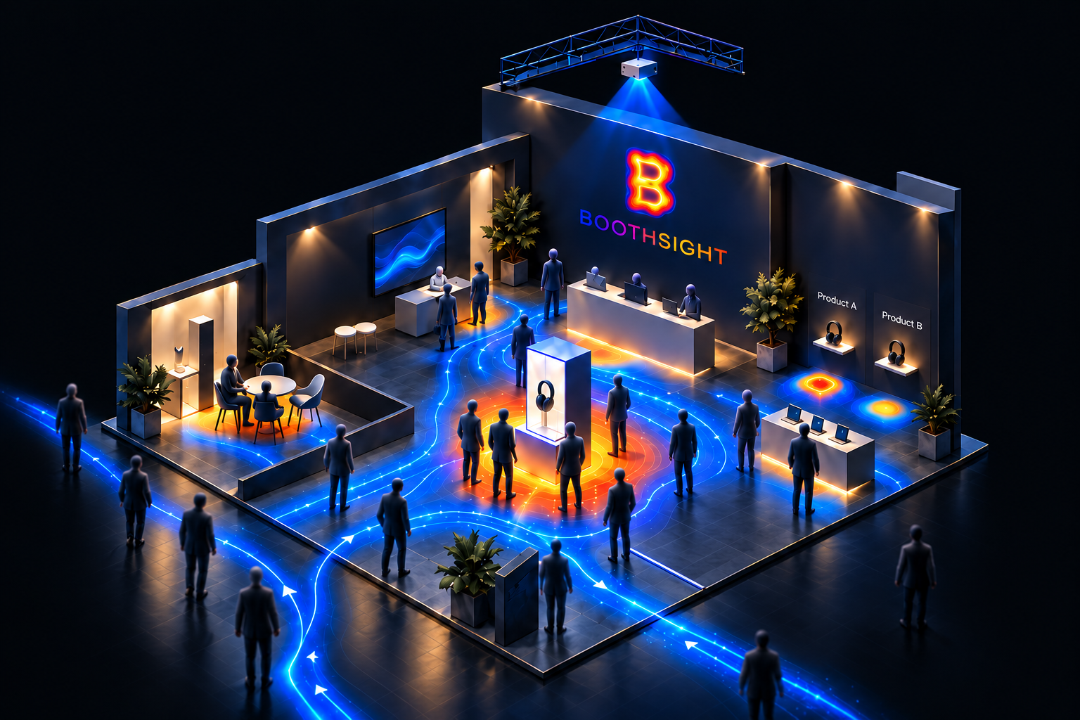 An isometric booth with anonymous visitor paths, engagement heatmaps, and Product A and B on wall shelves.