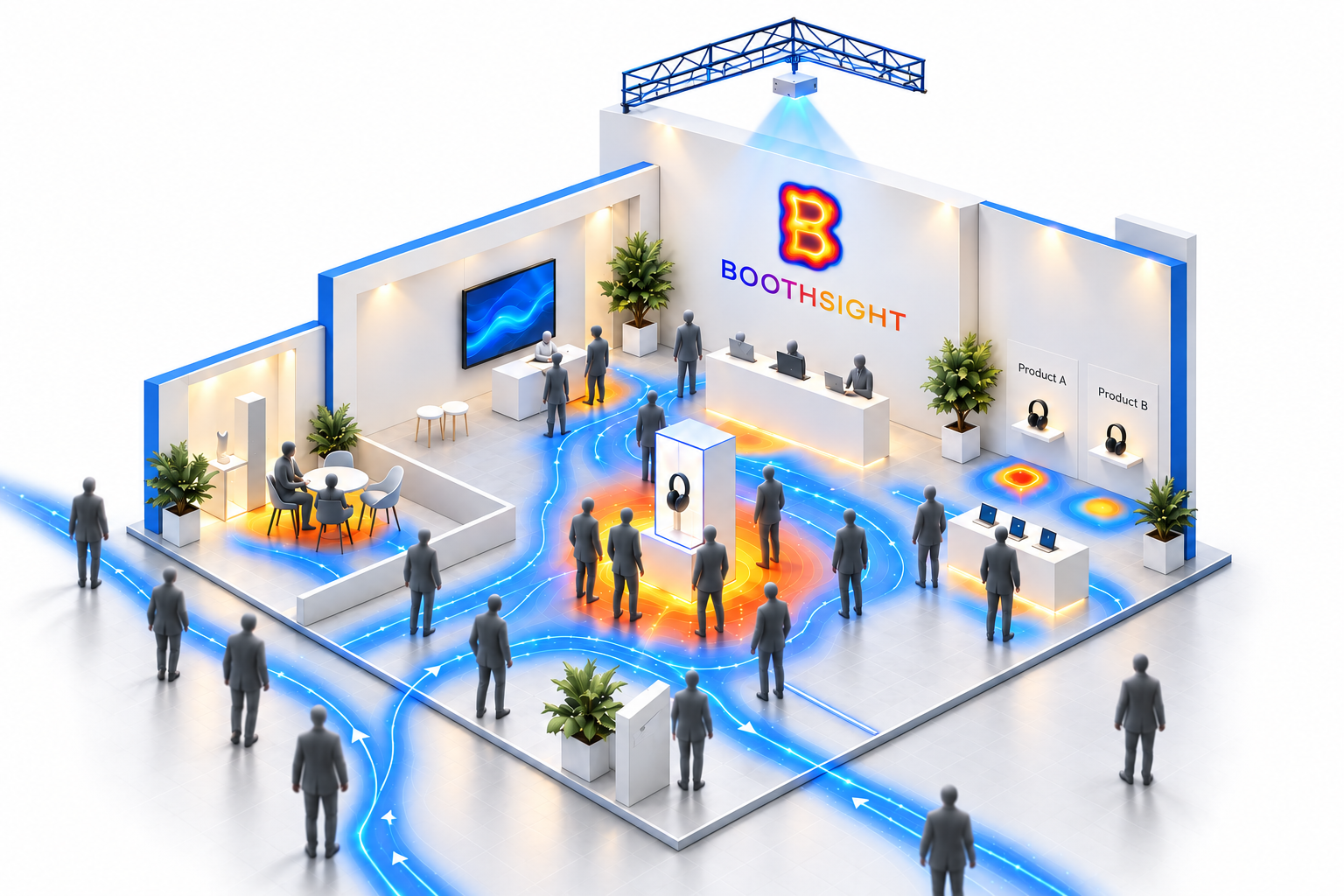 A white booth with blue visitor paths and orange floor heatmaps comparing engagement around products, tables, and counters.