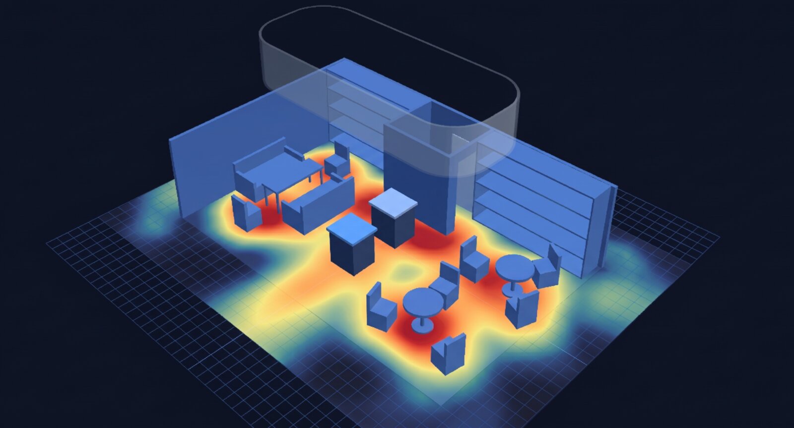 3D booth render with a floor heat map showing where visitors gathered